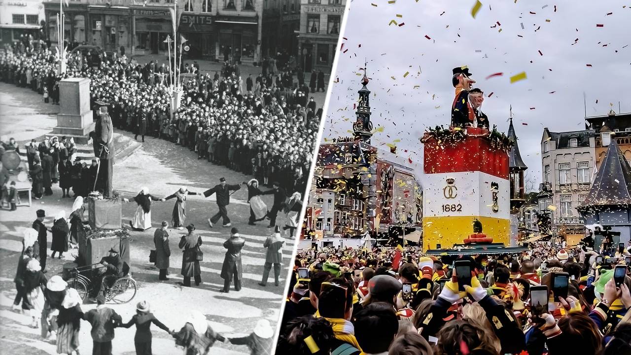 Knillis op de Markt in Den Bosch in 1900 en in 2024 (foto: Oeteldonsche Club/ Omroep Brabant).