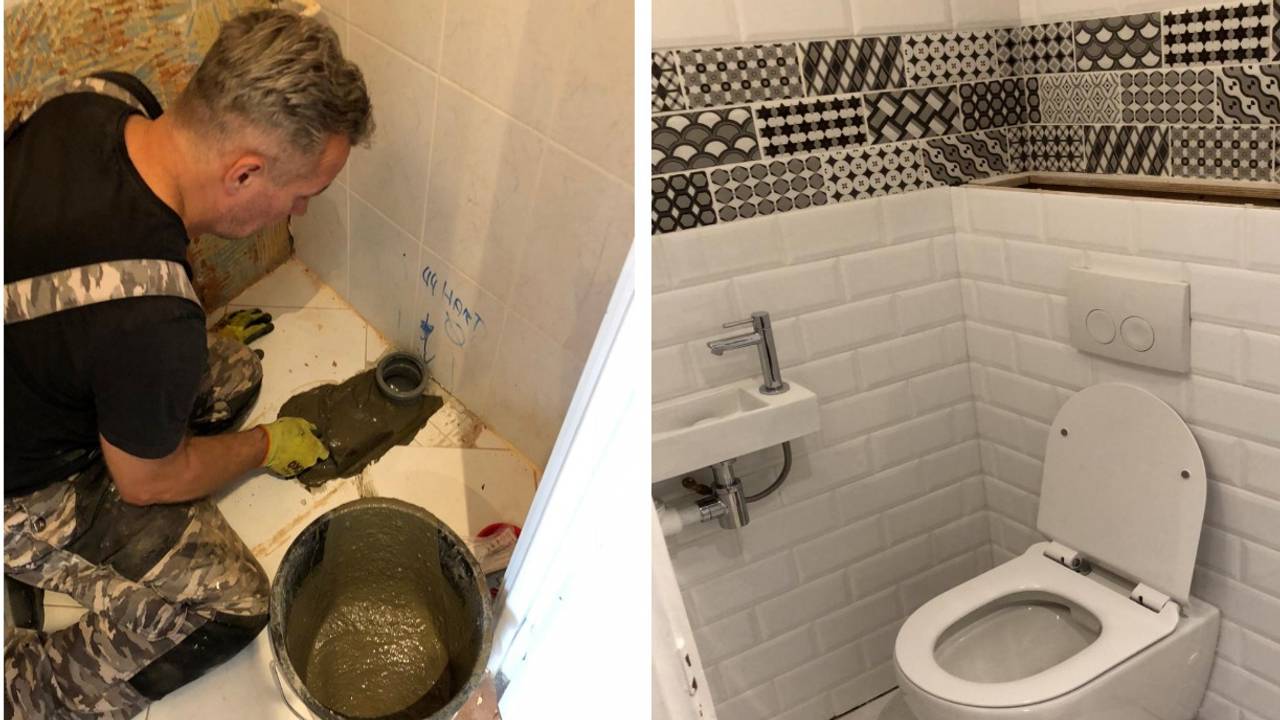 Links zie je hoe Bas aan de slag is met zijn toilet en rechts het eindresultaat (foto: Bas Huijbregts).