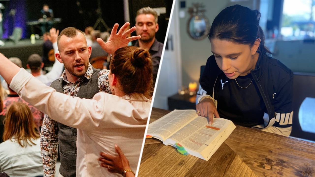 Tom de Wal tijdens een dienst/Elinde leest in haar bijbel (Foto: Facebook Frontrunners Ministries/Ilse Schoenmakers)