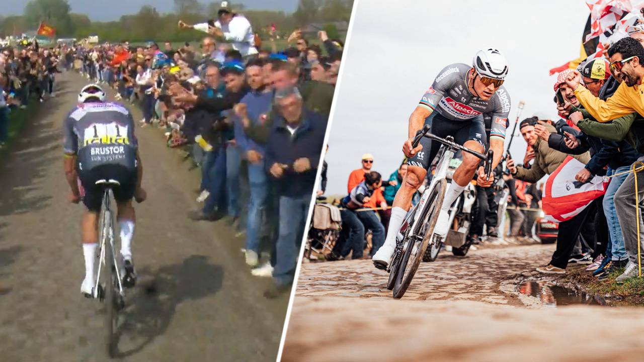 Mathieu van der Poel tijdens de wedstrijd in Parijs, met op de linkerfoto de bidon (Foto's: NOS/ANP).