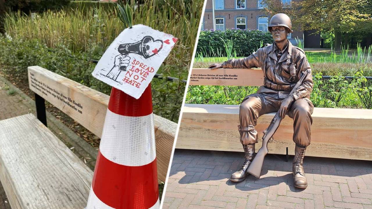 Een verdrietige burger plaatste een boodschap op de plek waar de soldaat zat (foto: Omroep Meierij), rechts de soldaat voor de vernieling (foto: gemeente Meierijstad).