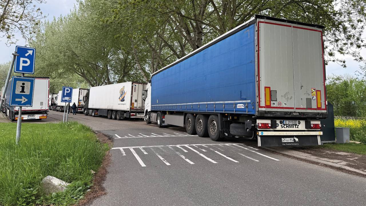 Een overvolle parkeerplaats met vrachtwagens (foto: TLN).