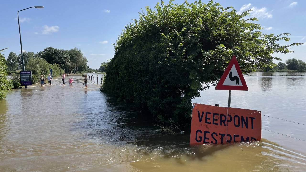De ondergelopen Maasstraat in Sambeek. (Foto:Alice van der Plas)