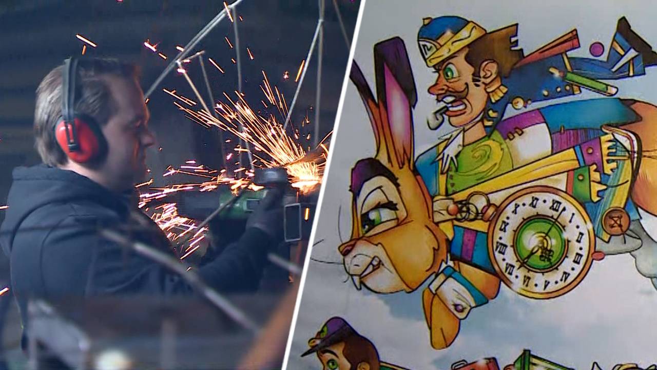 Lassen aan de carnavalswagen in Boemeldonck, deze keer wordt het een rennende haas (foto's: rechts het ontwerp). 