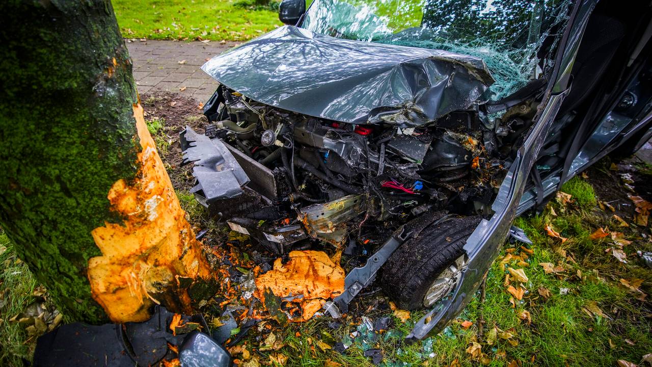 De auto botste op een boom vlakbij bedrijventerrein Vossenbeemd in Helmond (foto: SQ Vision).