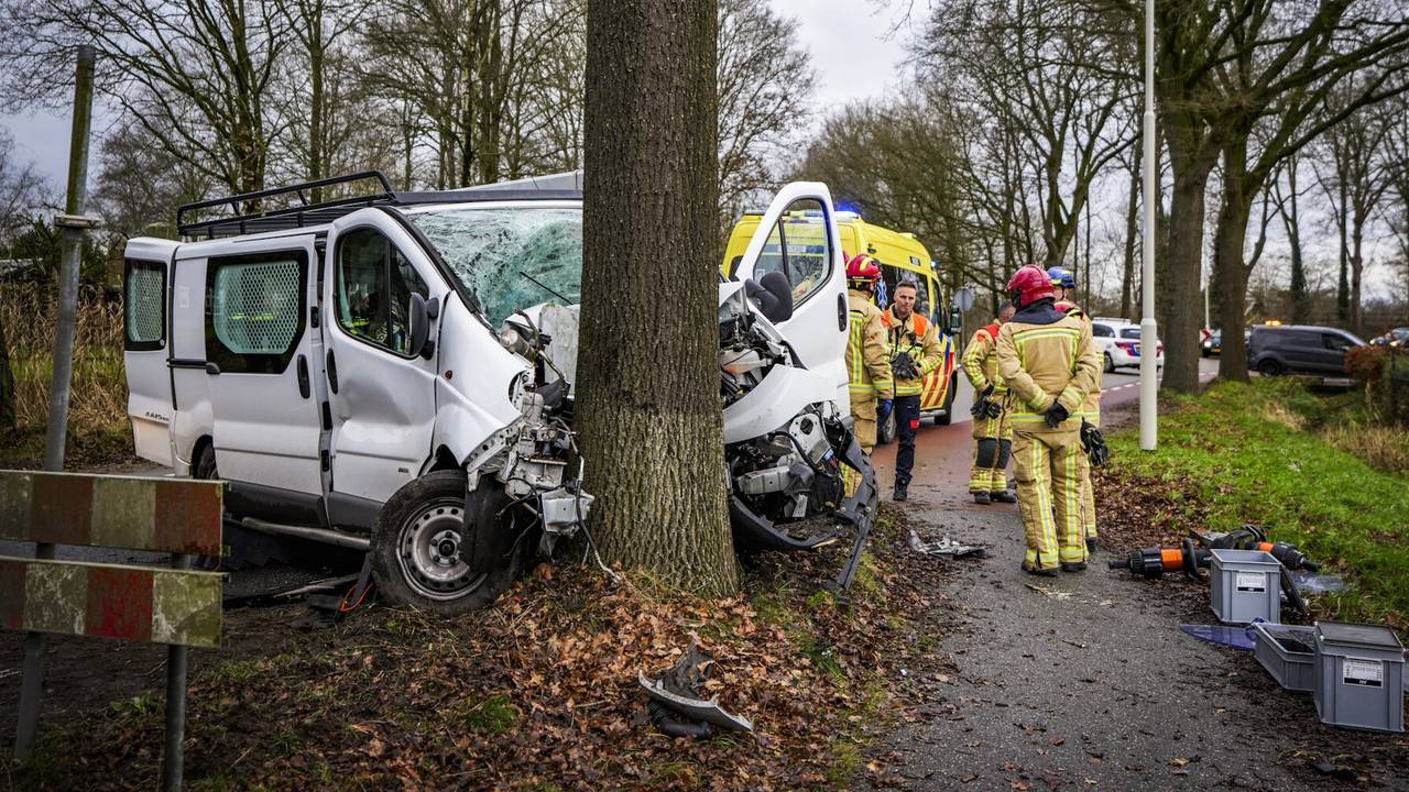 Bestuurder bestelbus raakt zwaargewond bij botsing tegen boom.