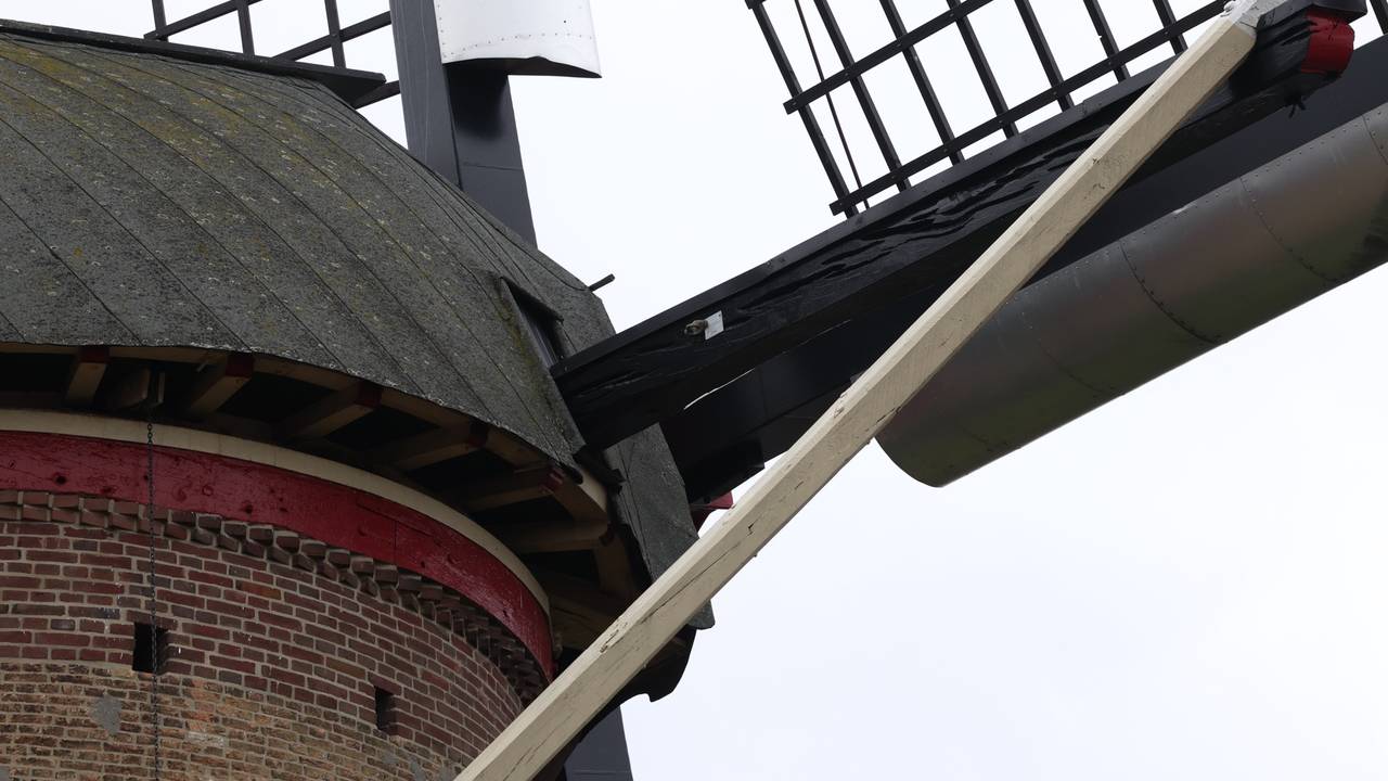 Tijdens harde windvlagen zag iemand de dakplaat van de molen in Schijndel omhoogkomen (foto: Sander van Gils/SQ Vision). 