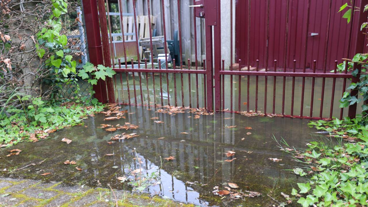 Door de gesprongen waterleiding in Nuenen kwamen tuinen en schuren blank te staan (foto: Arno van der Linden/SQ Vision).