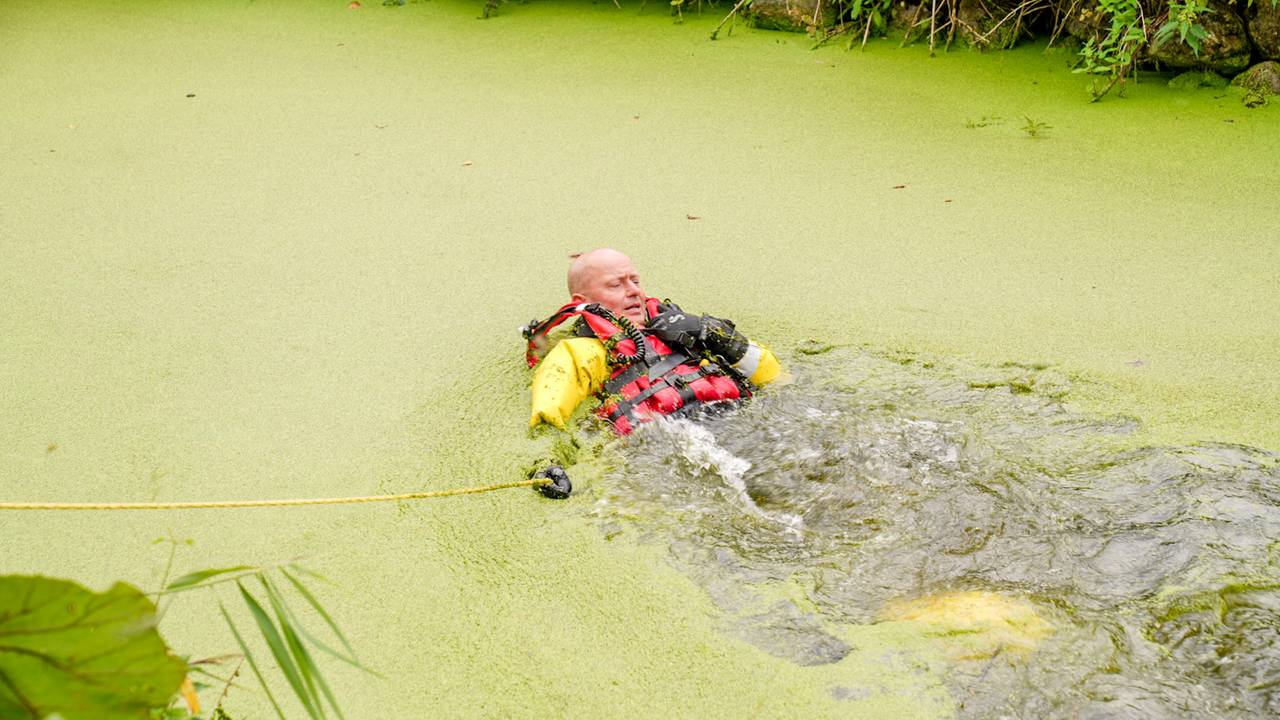 Een brandweerman haalde een nat pak om het dier te redden (foto: Harrie Grijseels/SQ Vision).