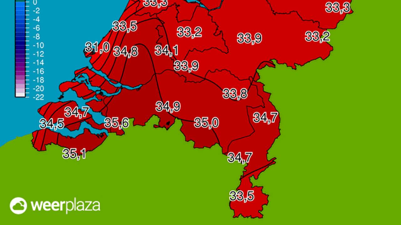 Voorbij de 35 graden in Brabant (beeld: Weerplaza).