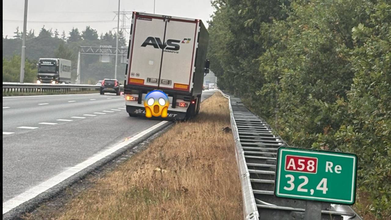 Vrachtwagen kiest gevaarlijke rustplek op A58 (foto: weginspecteur Robert)