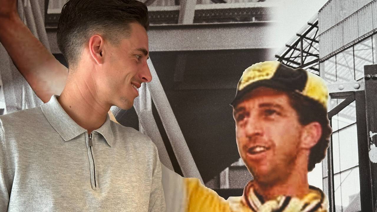 Rick van den Dungen bij een levensgrote foto van zijn vader Hans.