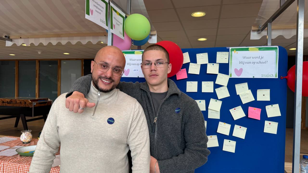 Jongerenwerker Samir en leerling Milan zetten zich in tegen pesten op Curio (foto: Omroep Brabant).