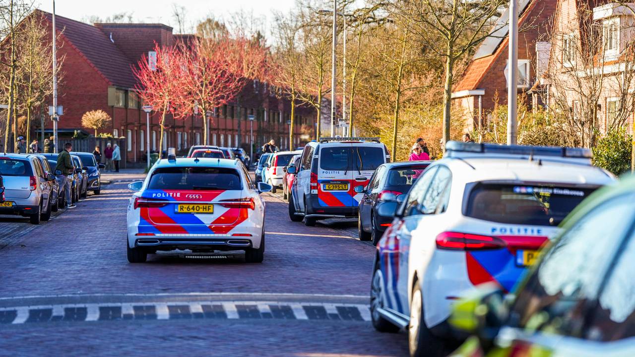 De politie rijdt met auto's door de wijk om de verdachte op te speuren (foto: Persbureau Heitink).