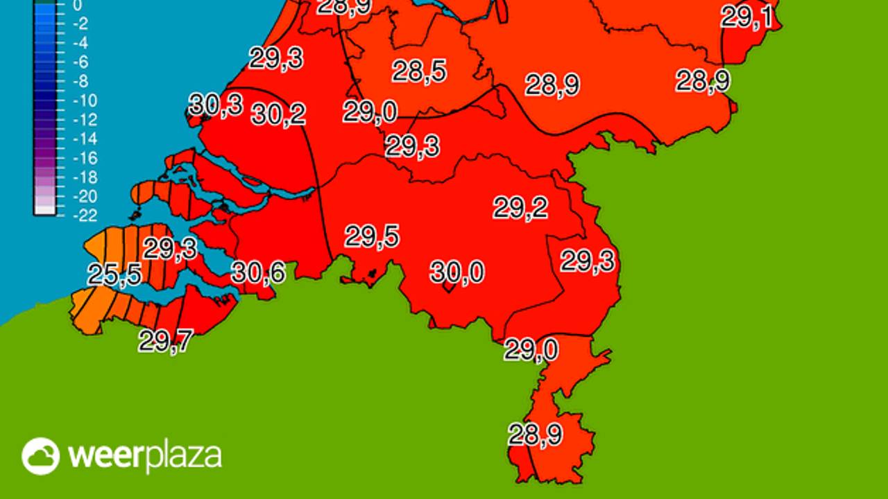 30 graden is aangetikt in Brabant (kaart: Weerplaza).
