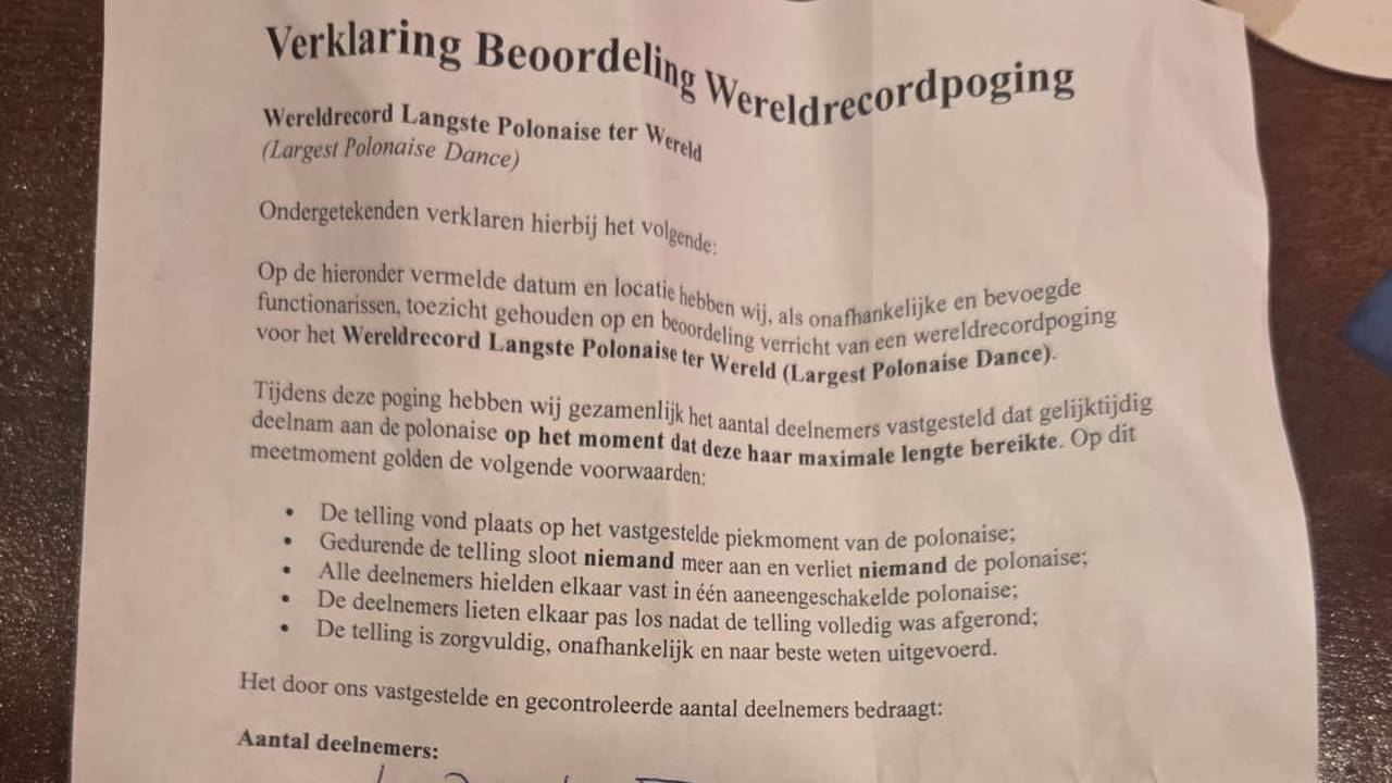De verklaring: het wereldrecord langste polonaise is binnen (foto: Omroep Brabant).