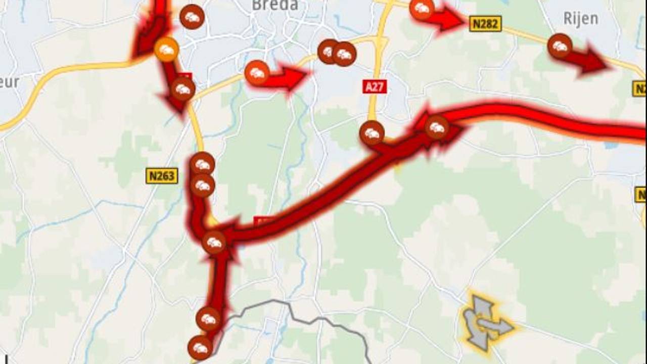 Ongelukken op de A27 en A58 zorgen voor lange files.