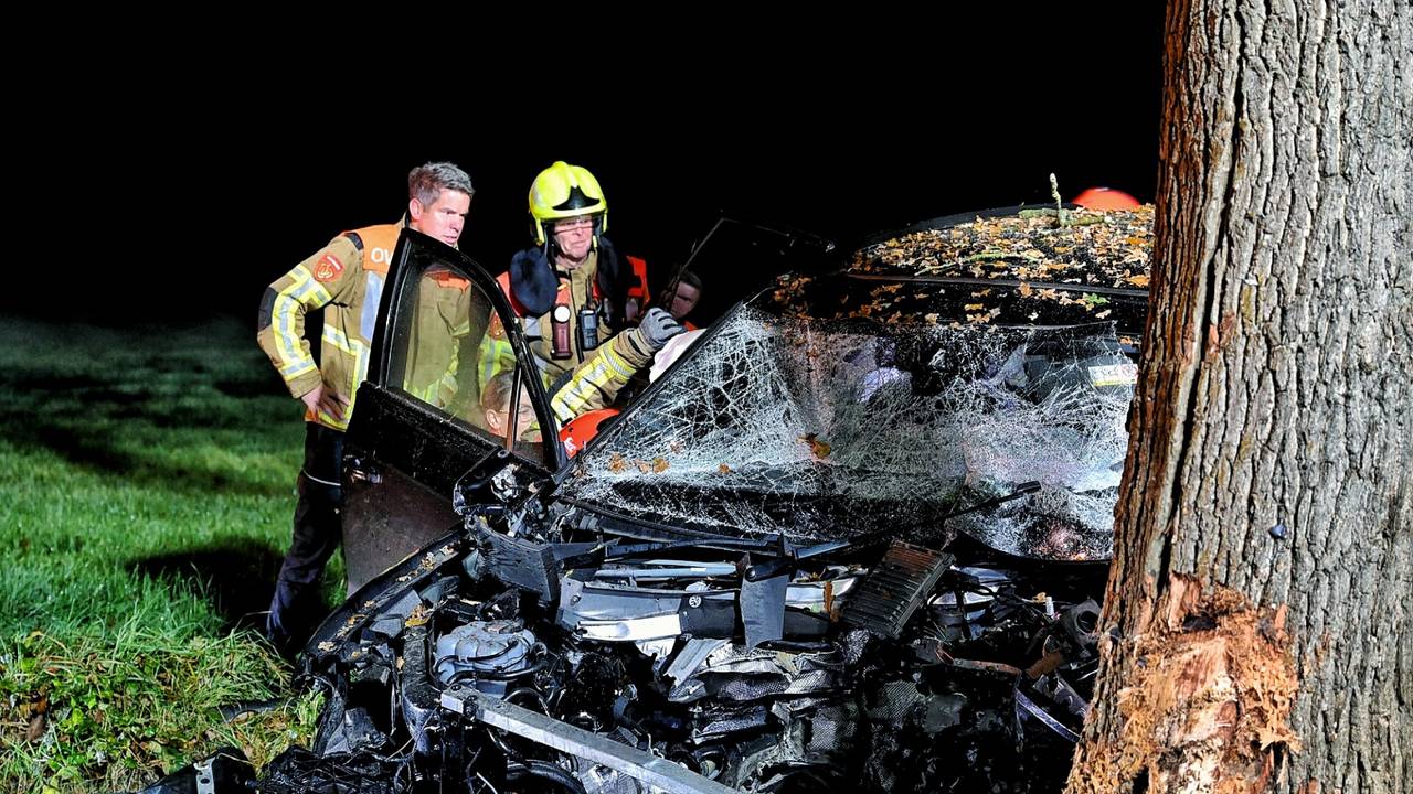 De auto botste frontaal op een boom naast de weg Heikant in Moergestel (foto: Toby de Kort/SQ Vision).