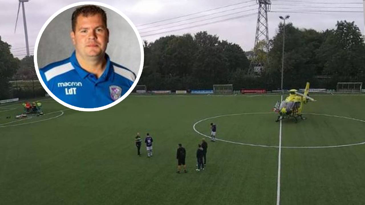 Een traumahelikopter op het veld van FC Engelen om medische assistentie te verlenen