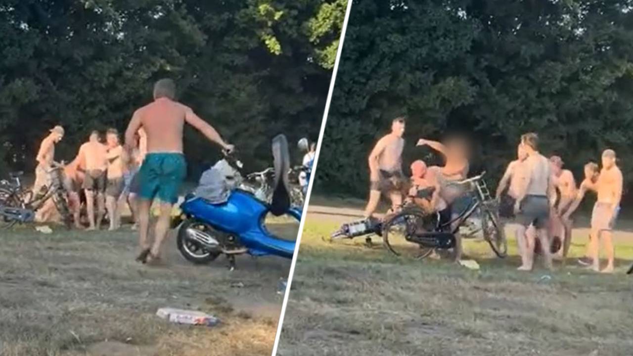 De man in een groene zwembroek heeft iets gehaald en zou hiermee iemand anders steken (foto's: screenshots Dumpert)..