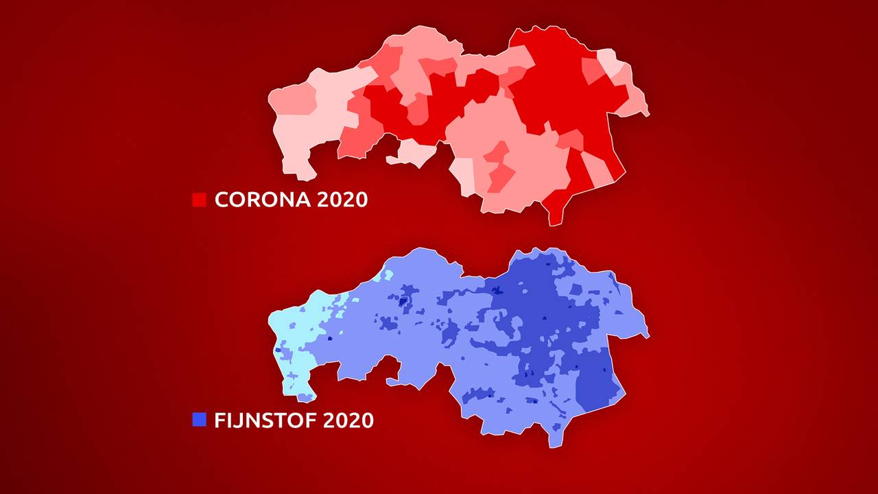 Een kaart met het aantal coronapatiënten in 2020 (foto boven) en een kaart met de hoeveelheid fijnstof in 2020 (foto onder). Hoe donkerder de kleur, hoe hoger het aantal is.