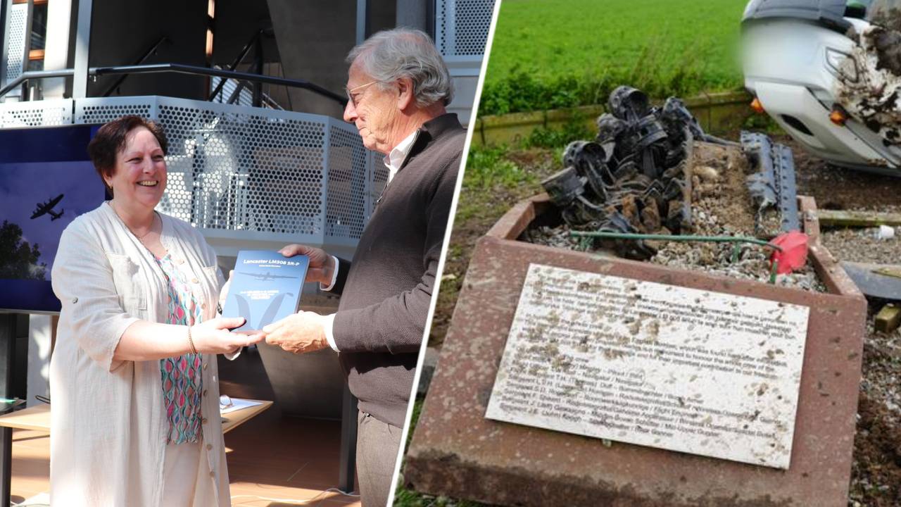 Corine Koek-Maasdam schreef een boek over de Engelse bommenwerper in Werkendam, waarvan het monument dinsdagmiddag beschadigd raakte (foto's: Corine Koek-Maasdam en Erik Haverhals/Persbureau Heitink).