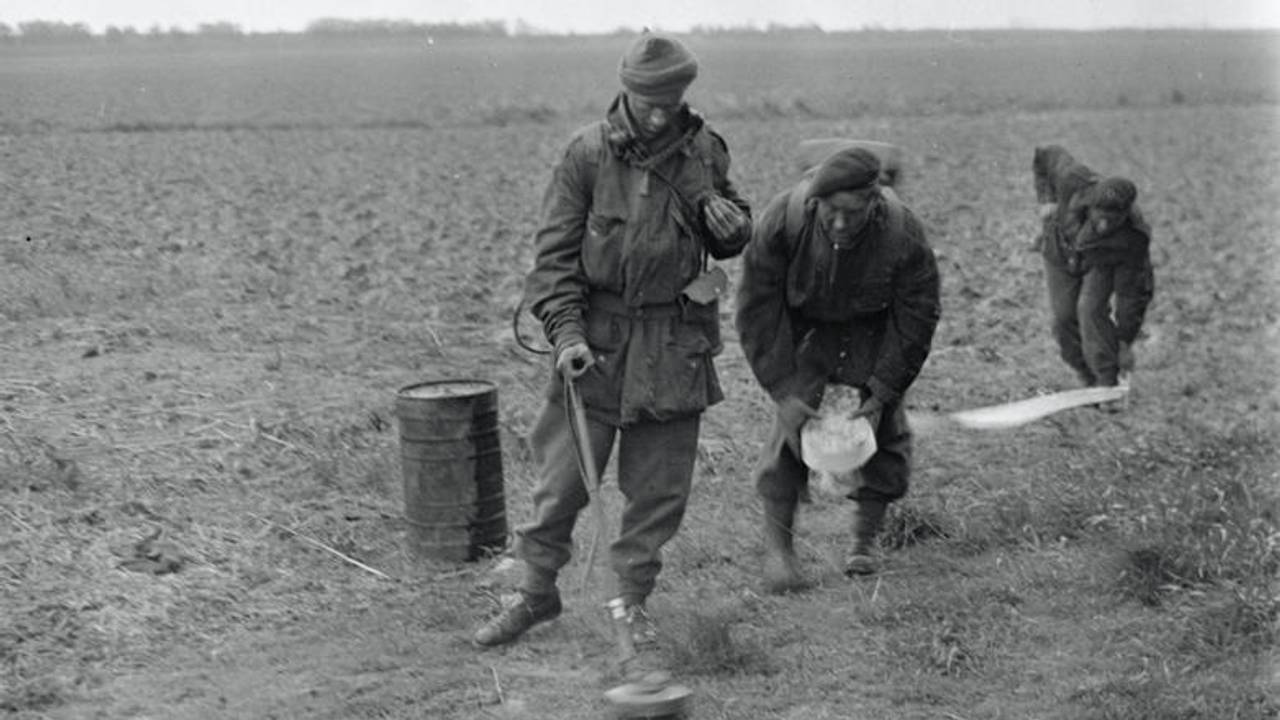 Britse militairen in de Biesbosch zoeken mijnen (foto: IWM)