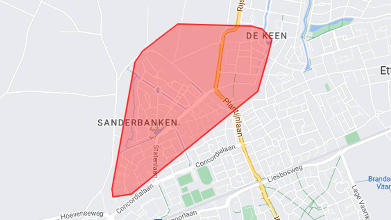 Het gebied dat door de stroomstoring is getroffen (foto: Enexis).