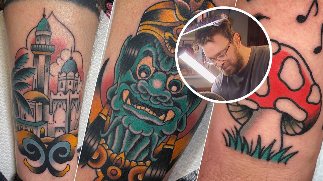 Bram Elstak en enkele van zijn creaties.