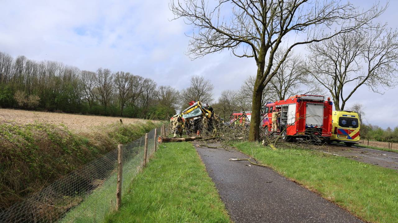 Brandweerlieden bezig om de chauffeur te bevrijden (Foto: SK-Media).