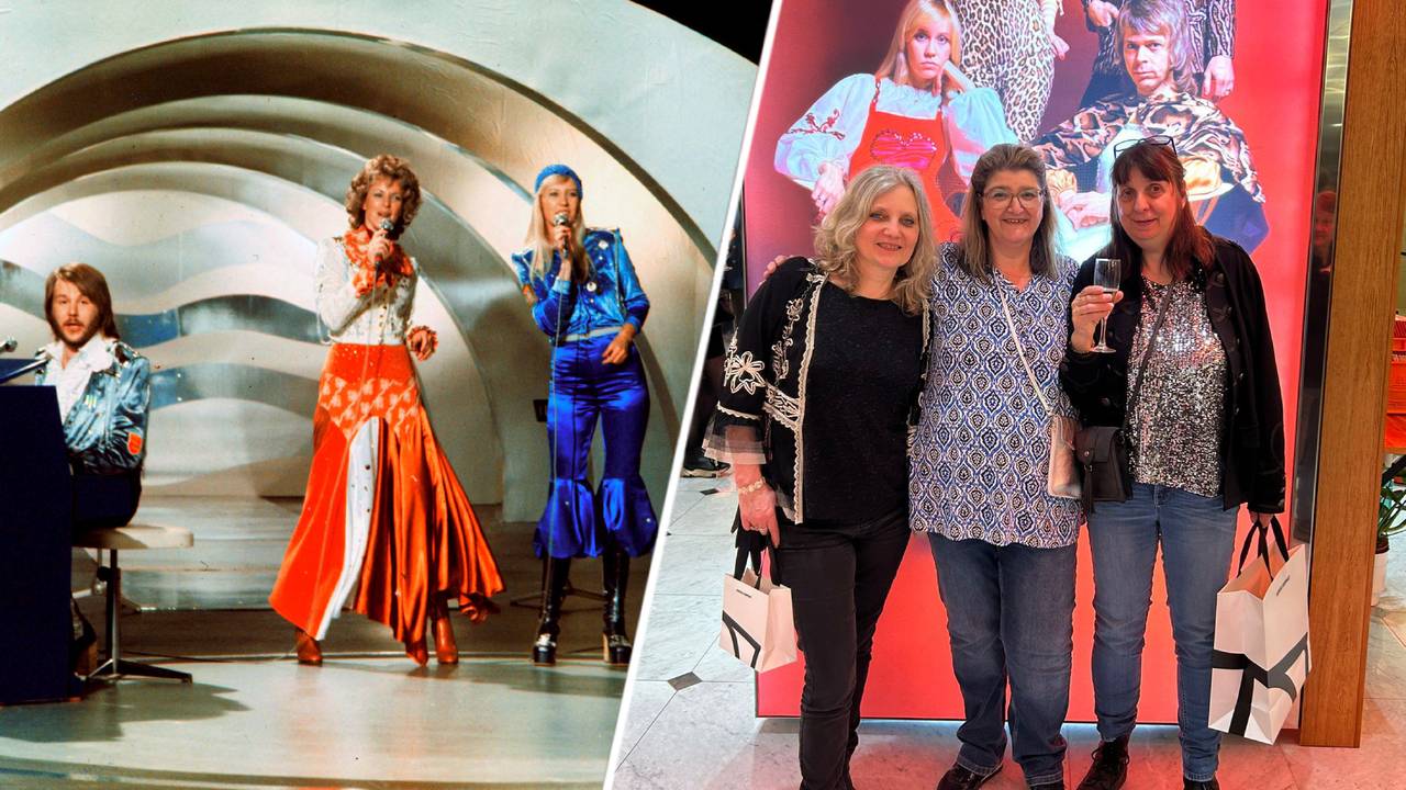 Links: ABBA tijdens het songfestival in 1974. Rechts: Helga, Heleen en mede-fancluboprichter Anita in Stockholm (foto: SCANPIX SWEDEN / eigen foto)