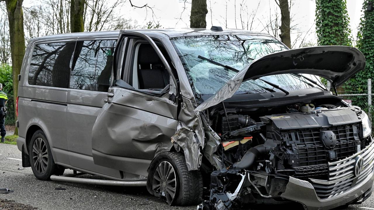 De bestuurder kwam met de bestelbus tegen een boom in Oisterwijk (foto: Toby de Kort / SQ Vision).