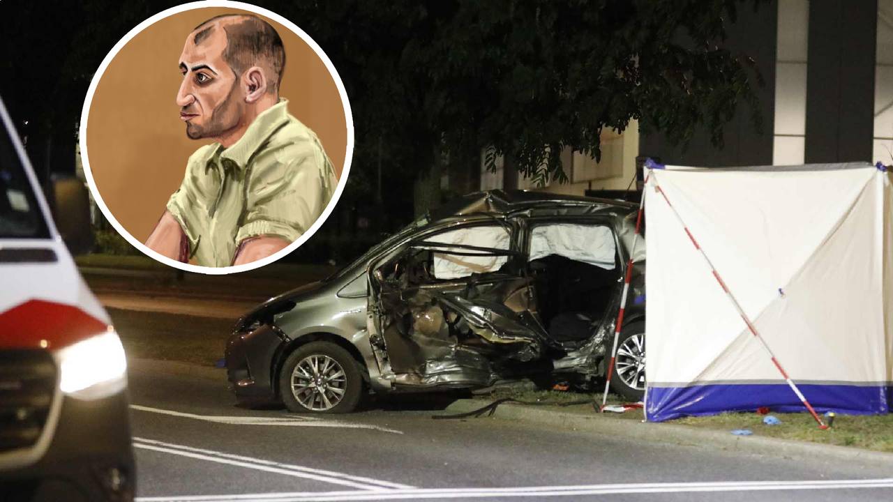 Omar E., rechts het autowrak van de slachtoffers (tekening: Nicole van den Hout/ANP).