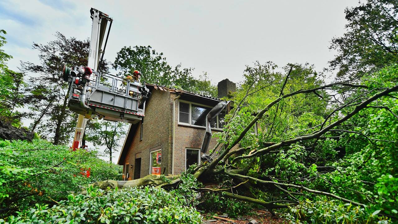 Een stuk van de gevel is beschadigd door een omgewaaide boom (foto: Rico Vogels/SQ Vision).