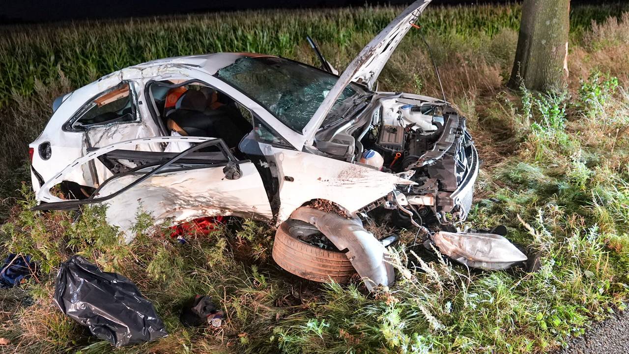 Bestuurder gereanimeerd na botsing tegen boom, traumahelikopter geland.