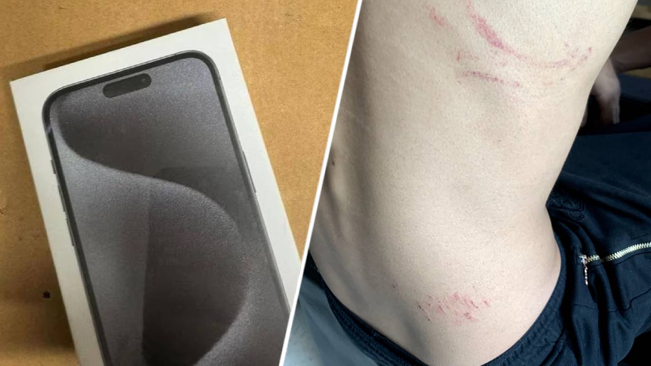 De voetafdrukken op Ties z'n rug, links de telefoon uit de advertentie (foto's: privé).