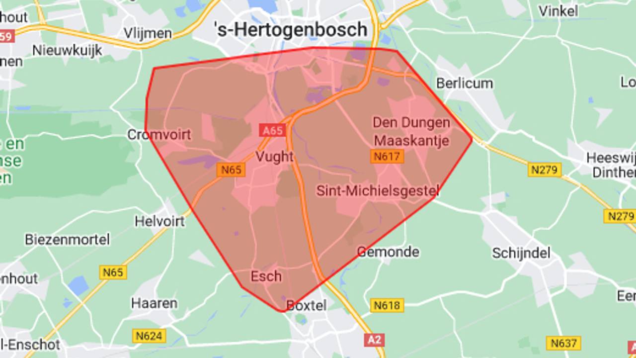 Het gebied dat volgens Enexis getroffen is door de storing.