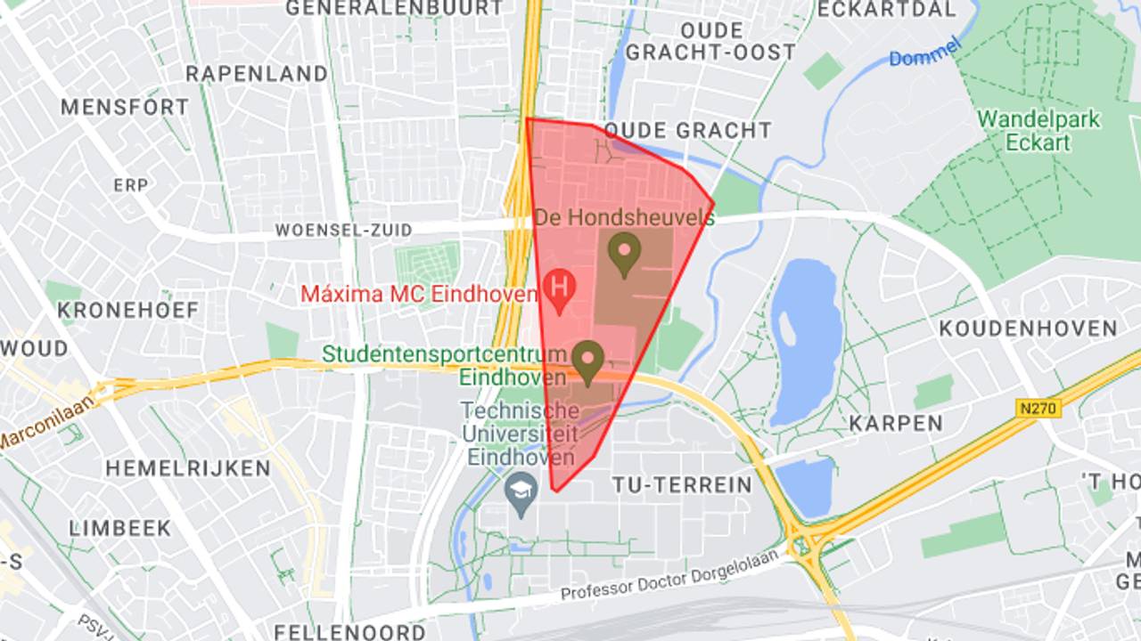 Het gebied in Eindhoven dat is getroffen (beeld: Enexis).
