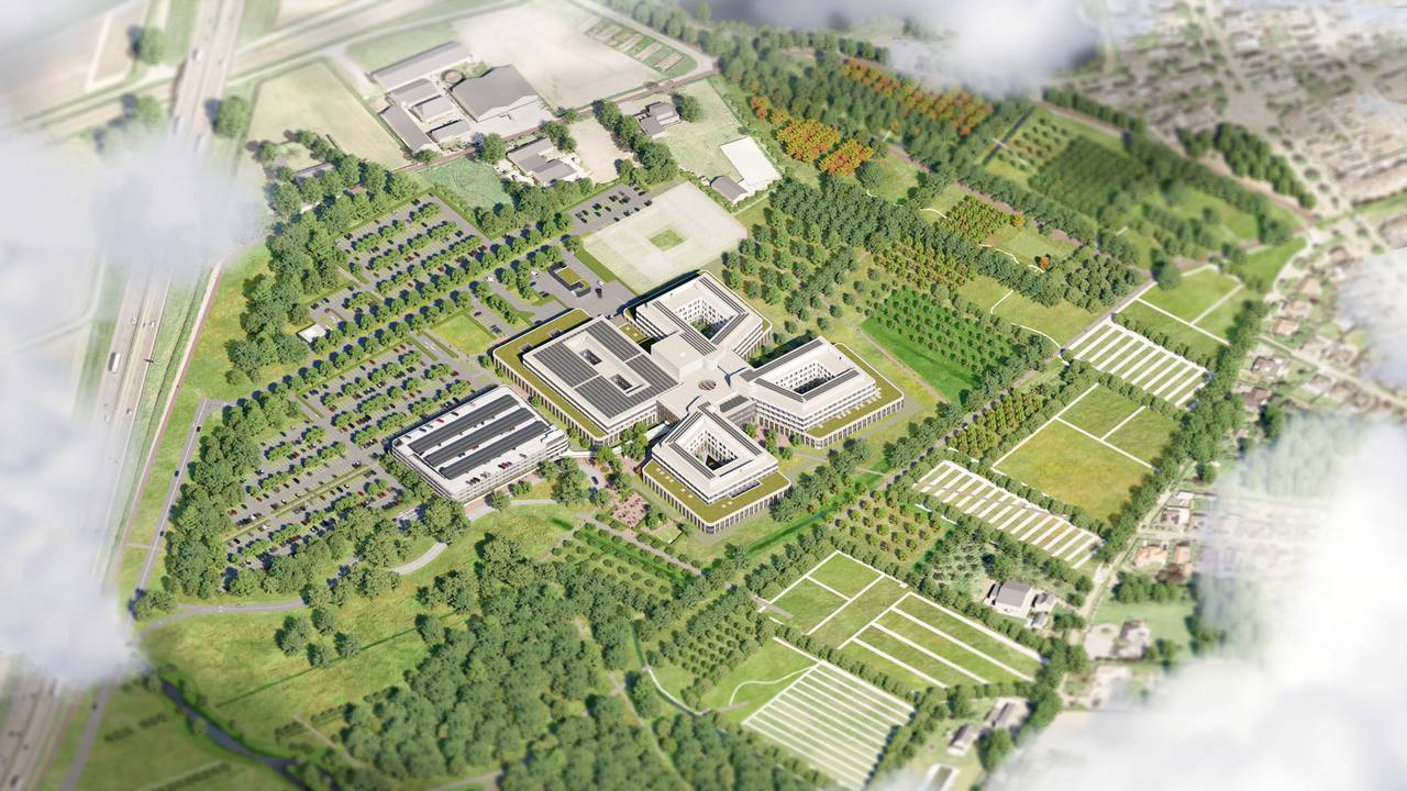 Een schets van het nieuwe ziekenhuis en het park uit de plannen van 2024.