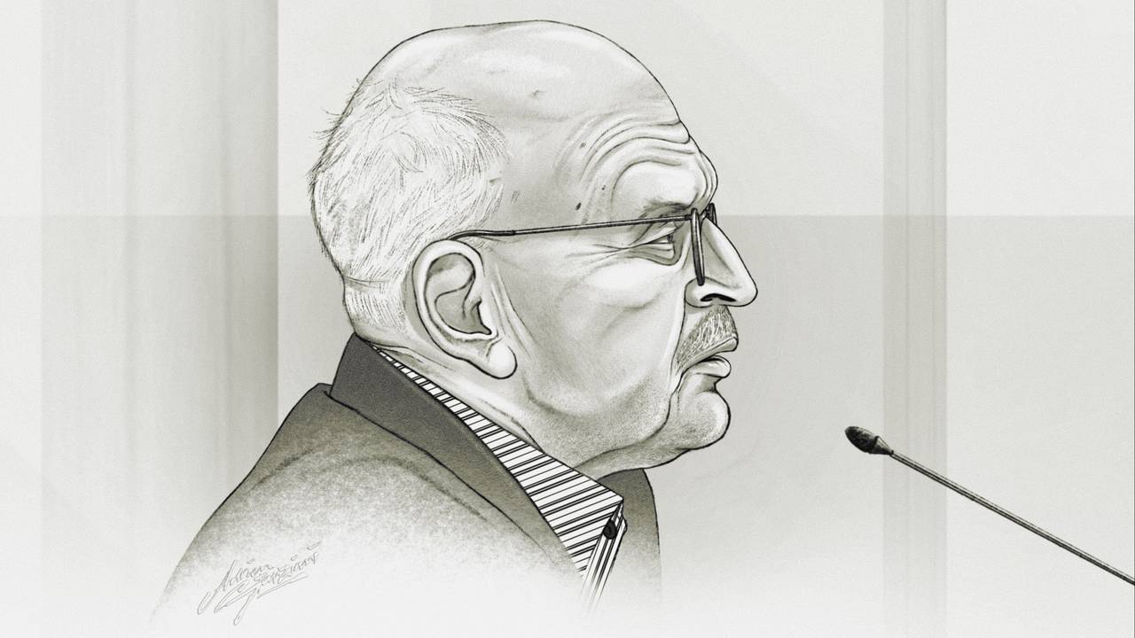 Gerard van der K. in de rechtszaal (tekening: Adrien Stanziani).