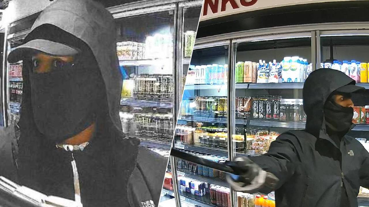 De overvaller met mes in het tankstation (foto's: Politie Eenheid Oost-Brabant).