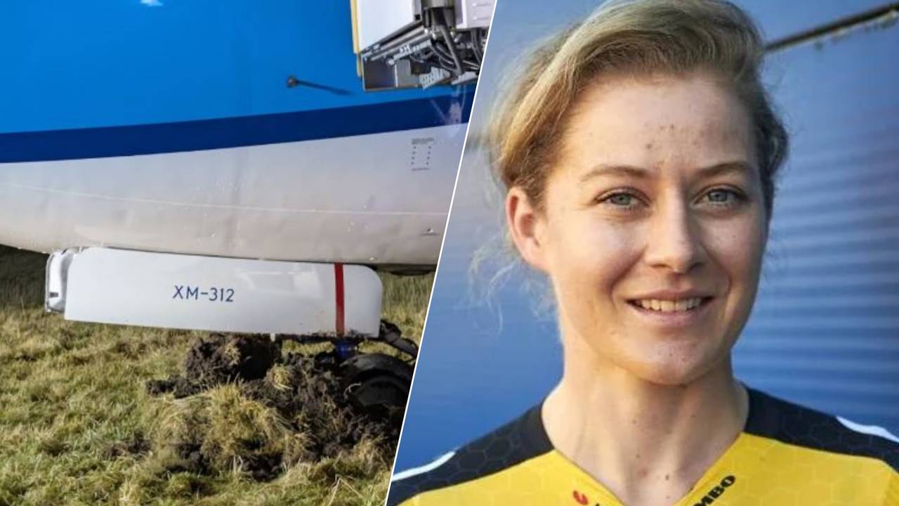 Amber Kraak, links het toestel dat geland is in het gras.