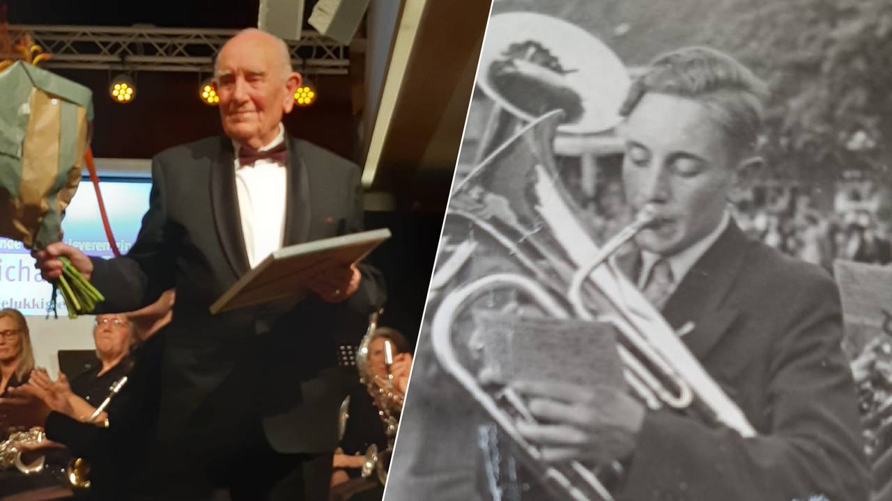 Mies tijdens het 70-jarig bestaan van de harmonie (rechts) en Mies met zijn trombone als jonge jongen (privéfoto's).