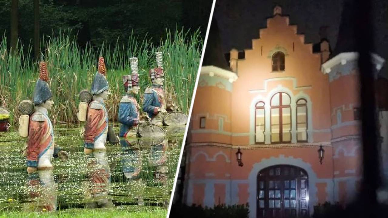 Rechts het 'Roze Kasteel' afgelopen nacht (foto: Politie Heusden). Links de markante soldaten in de vijver in het Land van Ooit (foto: Martha Kivits).
