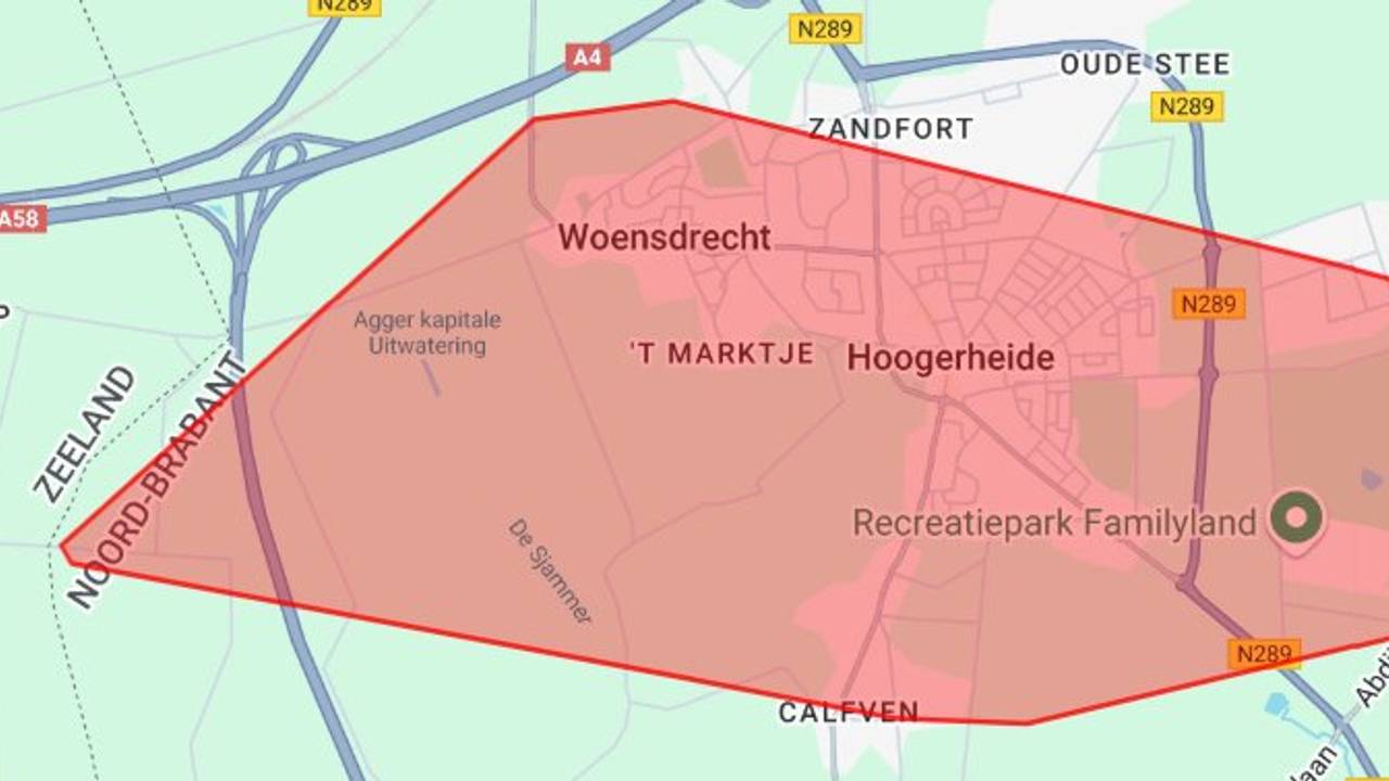 Het gebied dat is getroffen door de stroom- en gasstoring (kaart: Enexis).