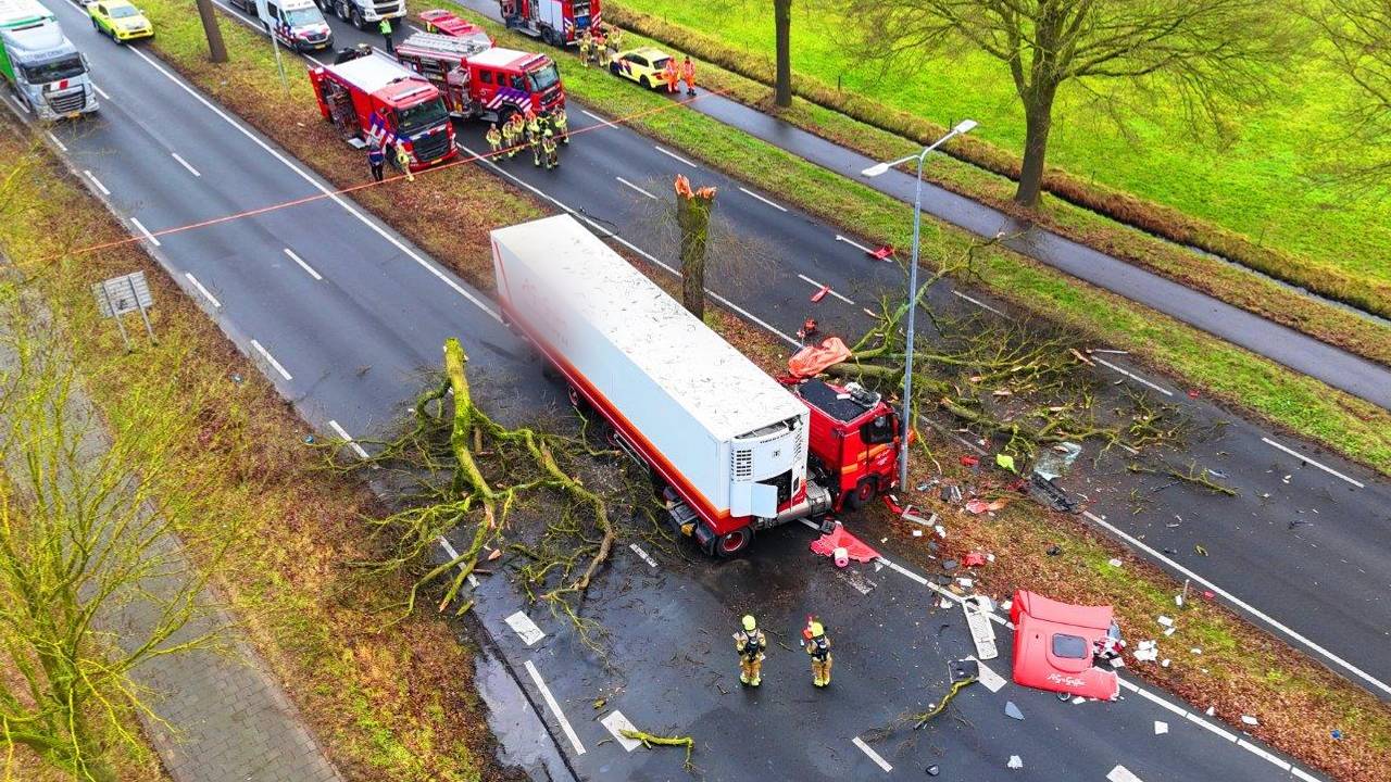 Bestuurder vrachtwagen overleden na botsing tegen boom.
