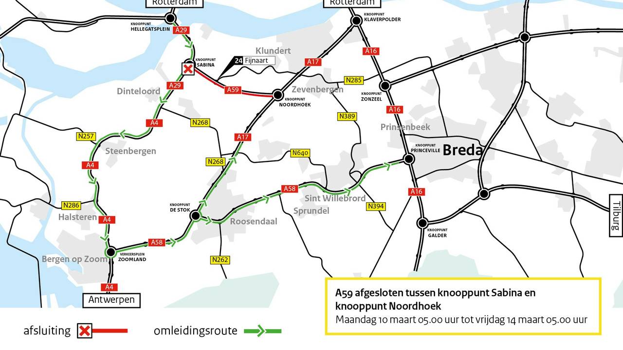 De A59 is maandagmorgen vroeg tot vrijdagmorgen 5 uur afgesloten (Plaatje: Rijkswaterstaat)