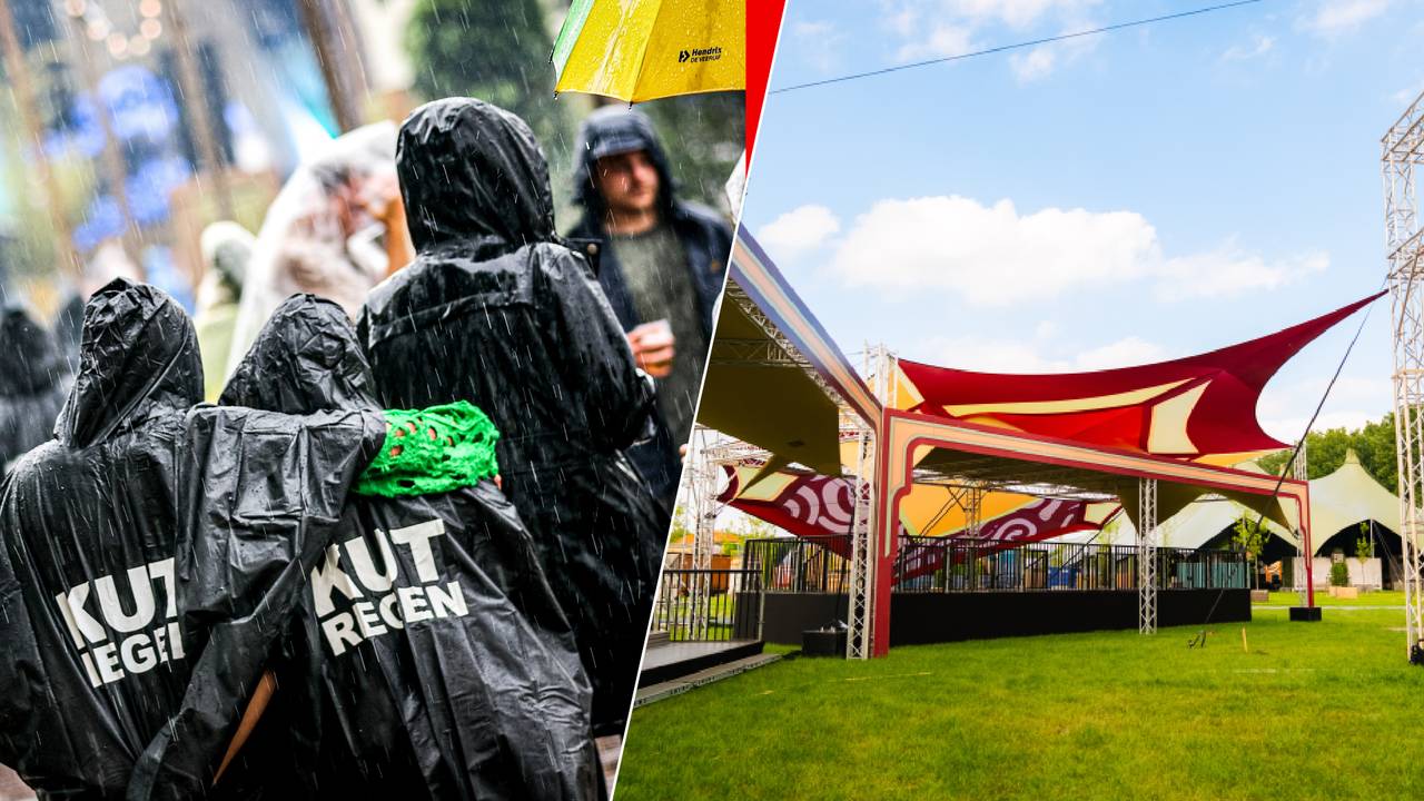 In 2022 viel er extreem veel regen op 7th Sunday (links), dit jaar is het festivalterrein grotendeels overdekt (rechts) (foto: ANP en Dion Albouts).
