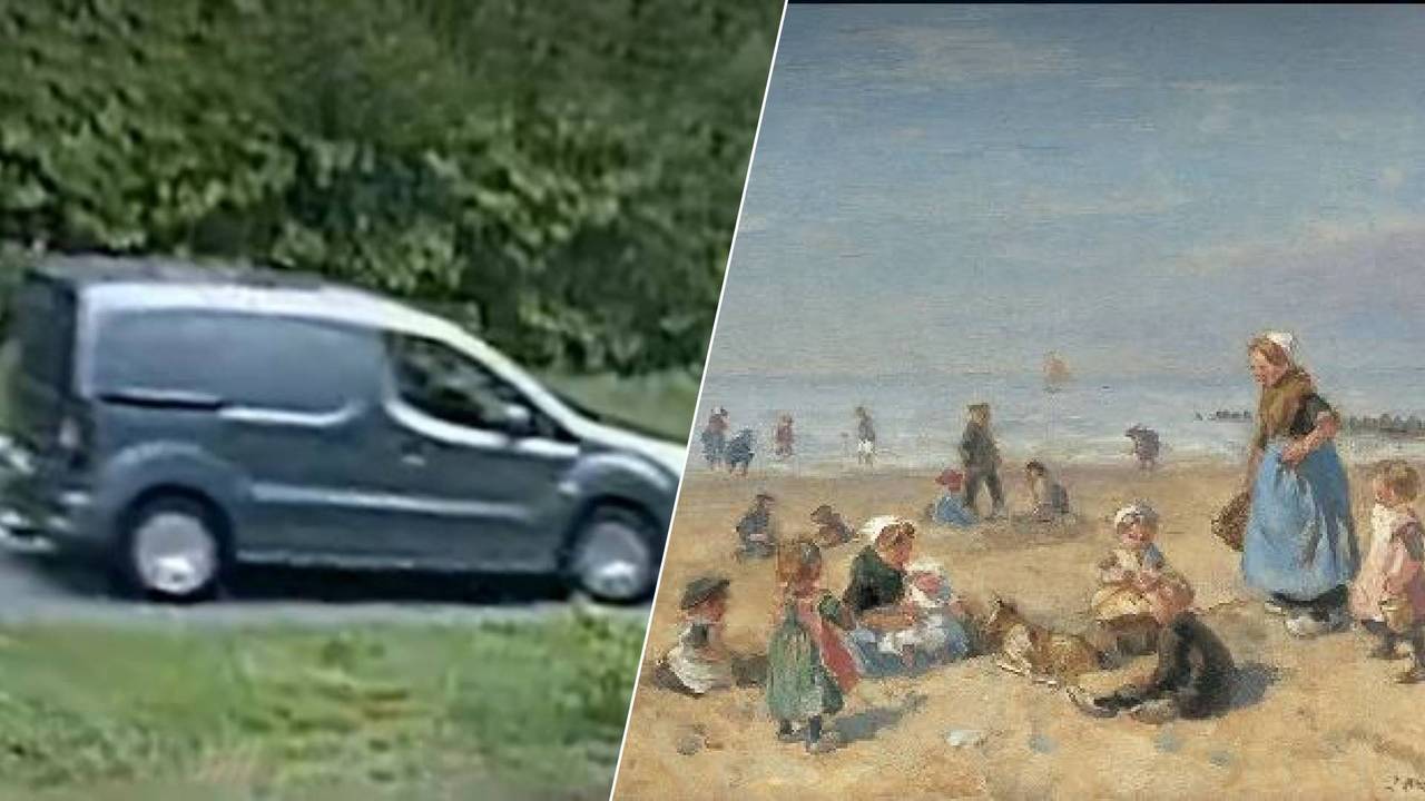 Het grijze busje en een van de gestolen schilderijen (foto's: Opsporing Verzocht).