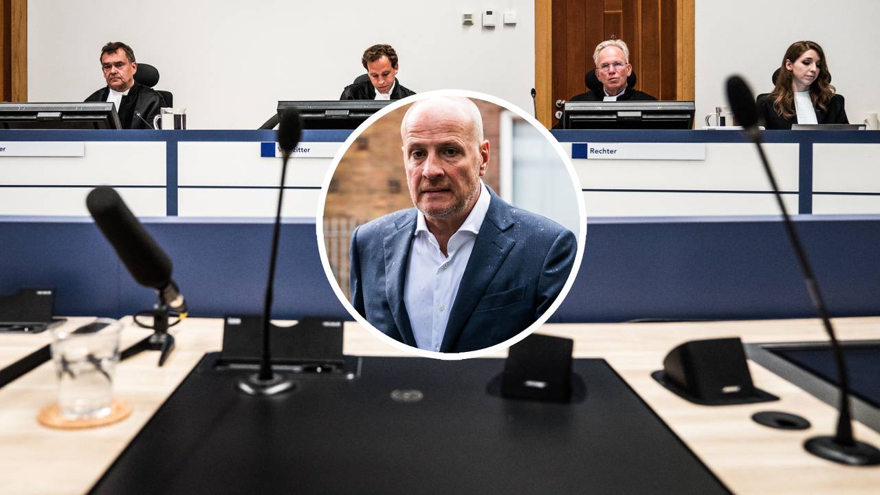 De rechtszaal in Groningen maandag met fotomontage van Frits van Eerd dezelfde dag (foto's: ANP).